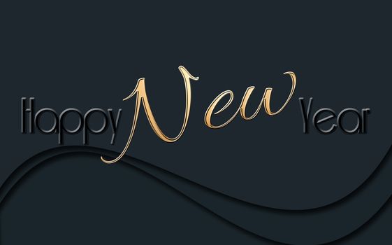 2021 Happy New Year glowing gold black text on black background. Sign, banner, poster, 2021 greeting card. 3D illustration