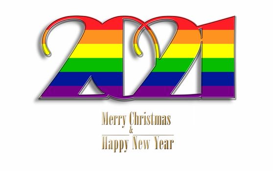 2021 sign made of LGBT style flag. Merry Christmas and Happy New Year gold text on white background. 3D illustration