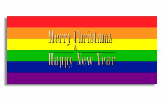 Merry Christmas and Happy New Year text on bright colorful rainbow background. LGBT pride party. 3D illustration