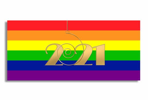 Gold hanging 2021 digit on background of national flag of LGBT. Brochure design template, card, banner. 3D illustration.
