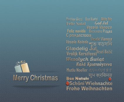 Merry Christmas TEXT In Different European, Eastern European, Hindi, Bengali, Indian, Japanese Languages and gold gift boxe on pastel blue background. 3D illustration