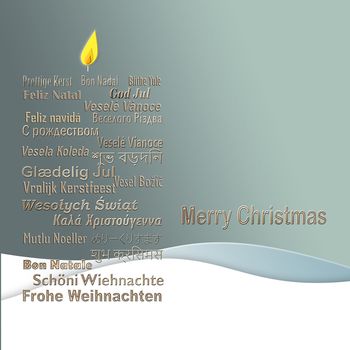 Words Merry Christmas in Different European, Eastern European, Hindi, Bengali, Indian, Japanese Languages forming candle on pastel green background. 3D illustration