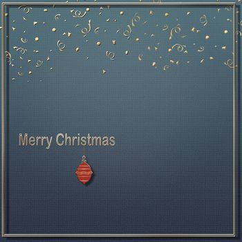 Minimalist Christmas card with gold confetti and text Merry Christmas with hanging red ball on blue background. Copy space. 3D illustration