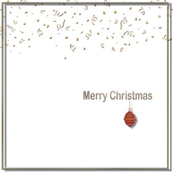 Minimalist Christmas card with gold confetti and text Merry Christmas with hanging red ball on white background. Copy space. 3D illustration