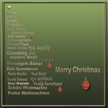 Words Merry Christmas in Different European, Eastern European, Hindi, Bengali, Indian, Japanese Languages forming Christmas Tree with red balls on green background. Copy space. 3D illustration