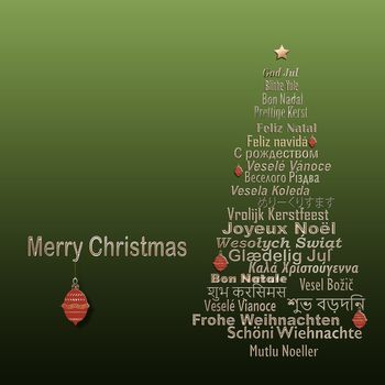 Words Merry Christmas in Different European, Eastern European, Hindi, Bengali, Indian, Japanese Languages forming Christmas Tree with red balls on green background. 3D illustration