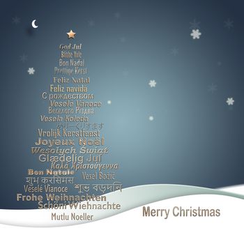 Words Merry Christmas in Different European, Eastern European, Hindi, Bengali, Indian, Japanese Languages forming Christmas Tree on blue winter landscape background. 3D illustration