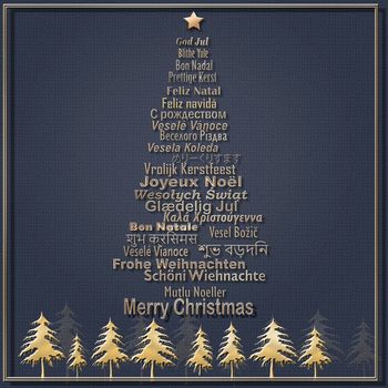 Luxury Merry Christmas card In Different European, Eastern European, Hindi, Bengali, Indian, Japanese Languages forming Christmas Tree and border of gold trees on blue background. 3D illustration