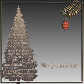 Christmas tree made from Merry Christmas text in different European, Eastern European, Hindi, Bengali, Indian, Japanese languages with fire brunch with pink ball on pastel background. 3D illustration