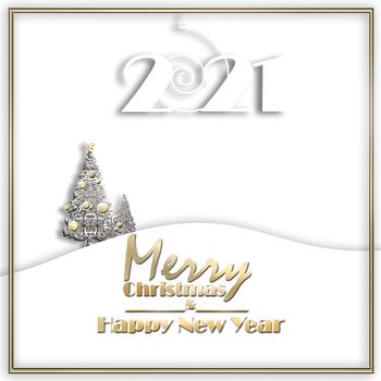 2021 New Year Cristmas minimalist landscape with shining gold christmas trees made of snowflakes on white background and hanging white digit 2021, text Merry Christmas Happy New Year. 3D Illustration.