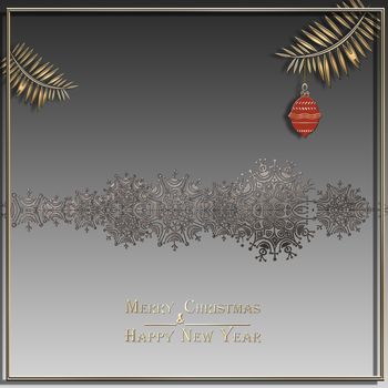 Christmas and Happy New Year Background with shiny border of snowflakes, red ball on pastel grey background and text Mery Christmas Happy New Year. 3D illustration