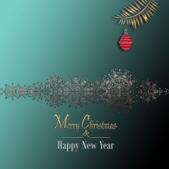 Christmas and Happy New Year Background with shiny border of snowflakes, red ball on green background. 3D illustration