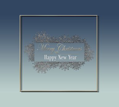 Elegant stylish Christmas card on pastel blue background with gold text Merry Christmas Happy New Year in snowflakes frame. Minimalist template design for cards, banner, marketing. 3D illustration
