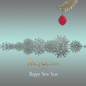 Christmas and Happy New Year Background with silver border of snowflakes, red ball on pastel green metallic background. 3D illustration