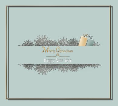 Elegant luxury 2021 Merry Christmas Happy New Year card in pastel green colour with gold shiny gift box, and shiny snowflakes framel. 3D Illustration