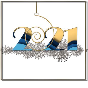 2021 New Year Xmas luxury elegant greeting card with shining gold 2021 on white background with gold snowflakes decoration and hanging gold spiral. Banner, poster, symbol, menu. 3D Illustration.