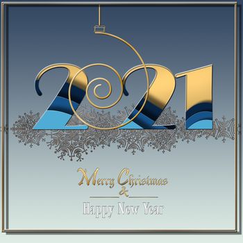 2021 New Year luxury elegant minimalist greeting card with shining gold digits 2021 on blue pastel background, Lettering Merry Christmas Happy New Year. Banner, poster, symbol. 3D illustration.