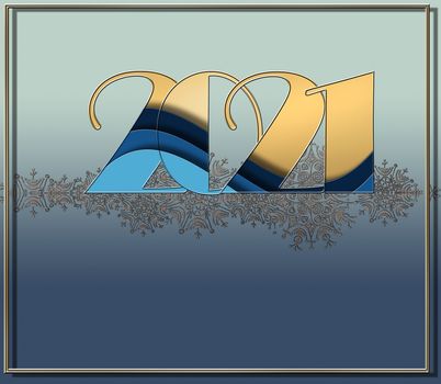 2021 New Year Xmas luxury elegant greeting card with shining gold 2021 on white blue background. Banner, poster, symbol, menu. 3D Illustration.