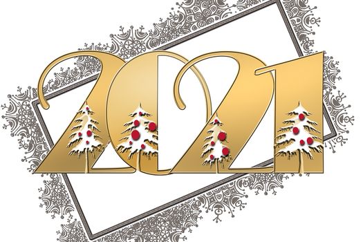 Stylish gold number 2021. Golden design for Christmas and New Year 2021 greeting card on white background with shiny snowflakes border. Design for borders, banners, posters, meny. 3D illustration