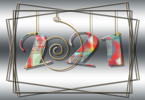 Hanging 2021 new year number of neon gradient colour on grey metallic background with gold frames. 3D illustrartion