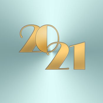 Classy gold number 2021. Golden design for Christmas and New Year 2021 greeting card on metallic blue background. Copy space. 3D illustration