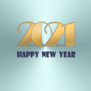 2021 New Year luxury elegant greeting card with shining gold digit 2021 on metallic pastel blue background, lettering Happy New Year. Banner, poster, calendar, board. 3D Illustration.