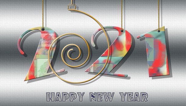 Happy 2021 new year colorful banner. Hanging numbers 2021, text Happy New Year on metallic grey shiny background. 3D illustration