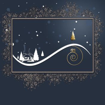 Beautiful stylish minimalist Christmas winter night landscape with snow, houses, shiny text 2021 on golden spiral and gold Christmas treeson dark blue background. Design, poster. 3D Illustration