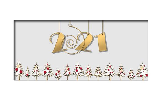 2021 happy New Year card. Hanging gold number 2021 with border of Christmas trees. Horizontal business card. 3D illustration