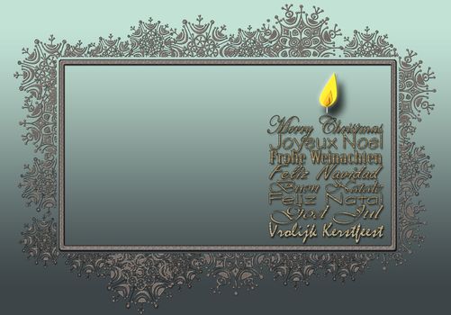 Merry Christmas wishes translation. International Christmas wishes in multiple languages English, French, German, Portuguese, Italian, Spanish, Swedish, Dutch. With snowflake border, 3D illustration