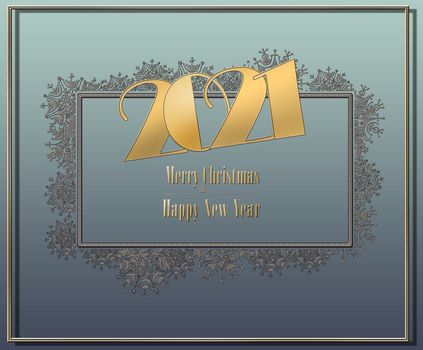 Classy 2021 Happy New Year background. Gold number 2021 on paste background with snowflakes border. 2021 holiday flyer, greeting and invitation card, banner. New Year selebration. 3D illustration.