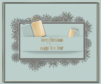 Elegant luxury 2021 Merry Christmas and Happy New Year greeting card in pastel green colour with gold snowflakes border, gold gift box and text Merry Christmas and Happy New Year. 3D Illustration