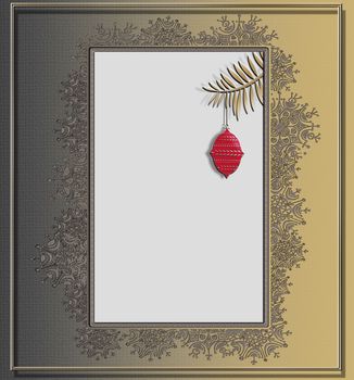 Golden background for 2021 New Year Christmas flyer, poster, sign, banner, web, header. Snowflake border frame and red hanging ball on gold black pastel background. Mock up. Copy space. 3D illustration