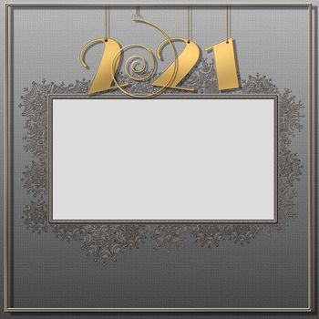 2021 happy New Year card. Glowing hanging gold number 2021, snowflake border frame on grey pastel backgroun. Mock up. Copy space. Business card. 3D illustration