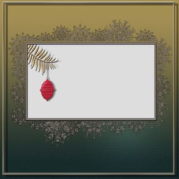 Golden background for 2021 New Year Christmas flyer, poster, sign, banner, web, header. Snowflake border frame and red hanging ball on gold green pastel background. Mock up. Copy space. 3D illustration