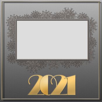 Classy 2021 Happy New Year background. Gold number 2021 on grey background with snowflakes border. Holiday flyer, greeting and invitation card, christmas banner. New Year selebration. 3D illustration.