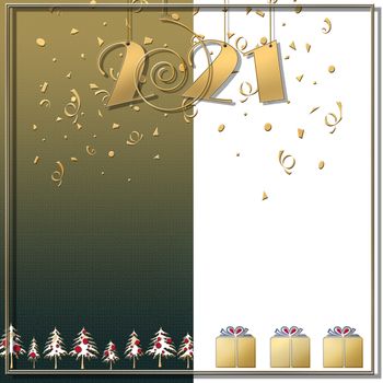 2021 happy New Year green white background with gold confetti and Christmas trees. Glowing hanging gold number 2021. Winter holiday greeting card. Copy space. Business card. 3D illustration