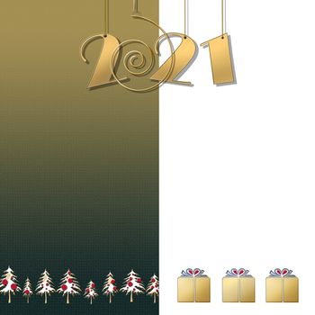 2021 happy New Year green white background with boxes and Christmas trees. Glowing hanging gold number 2021. Winter holiday greeting card. Copy space. Business card. 3D illustration