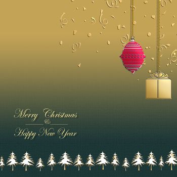 Luxury 2021 gold card with hanging present box, red ball on green background with christmas trees, text Merry Christmas Happy New Year. Banner, greeting cards, brochure. Copy space, 3D illustration