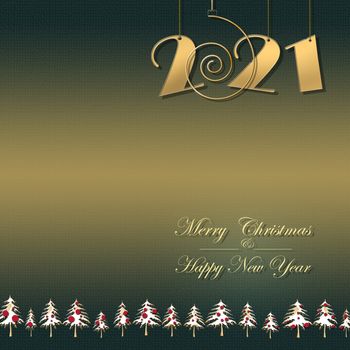 Luxury 2021 gold card with hanging 2021 digits on green gold background with christmas trees, text Merry Christmas Happy New Year. Banner, greeting cards, brochure, print. Copy space, 3D illustration