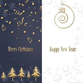 Elegant stylish Christmas card on blue white background with tree, gold text Merry Christmas Happy New Year, hanging spiral 2021 digits. Greeting cards, banner, marketing, copy space. 3D illustration