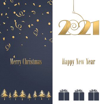 2021 happy New Year blue white background with gold confetti and Christmas trees. Glowing gold number 2021. Winter holiday greeting card. Copy space. Business card. 3D illustration