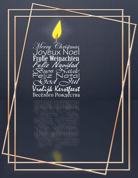 Luxury Merry Christmas wishes in multiple languages English, French, German, Portuguese, Italian, Spanish, Swedish, Dutch, Russian shape of candle on black background with gold frames. 3D illustration