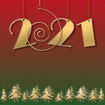 Luxury Happy New 2021 Year design with hanging 2021 digits, christmas trees on red green background. Winter holidays graphic, place for text, business card, calendar. Copy space. 3D illustration