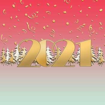 2021 happy New Year blue red background with gold confetti and Christmas trees. Glowing gold number 2021. Winter holiday greeting card. Copy space. Business card. 3D illustration