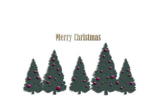 Merry Christmas and happy New Year design. Horizontal card with Christmas trees on white background. Text Merry Christmas. Copy space. 3D illustration