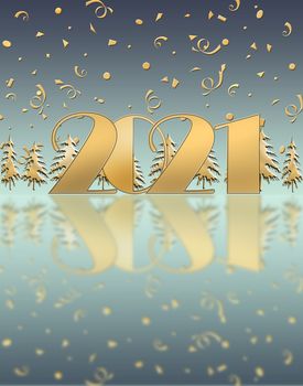 Luxury elegant 2021 greeting card. Gold shiny glitter 2021 with confetti, Christmas trees on dark blue background with reflection. Mock up, copy space, poster, corporate business card. 3D illustration