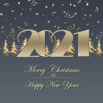 Happy new 2021 year elegant luxury gold greeting card with gold Christmas trees and text 2021 on pastel blue background. Copy space, mock up. 3D illustration