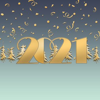 2021 happy New Year blue pastel background with gold confetti and Christmas trees. Glowing gold number 2021. Winter holiday greeting card. Copy space. Business card. 3D illustration