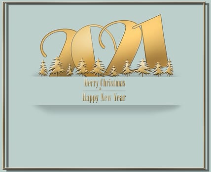Elegant luxury 2021 Merry Christmas Happy New Year card in pastel green colour with golden green gift boxes, and shiny text 2021 on golden spiral. 3D Illustration